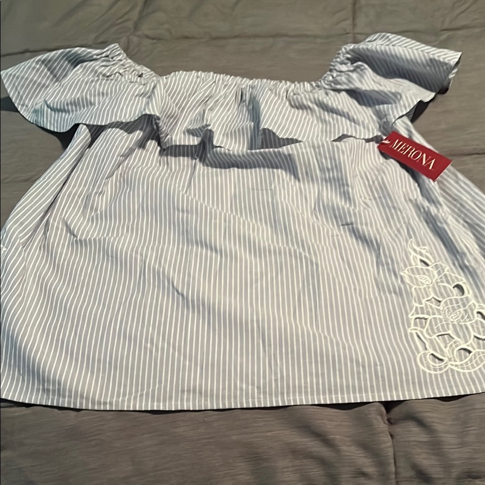Merona White and Gray Ruffled Off the Shoulder Blouse